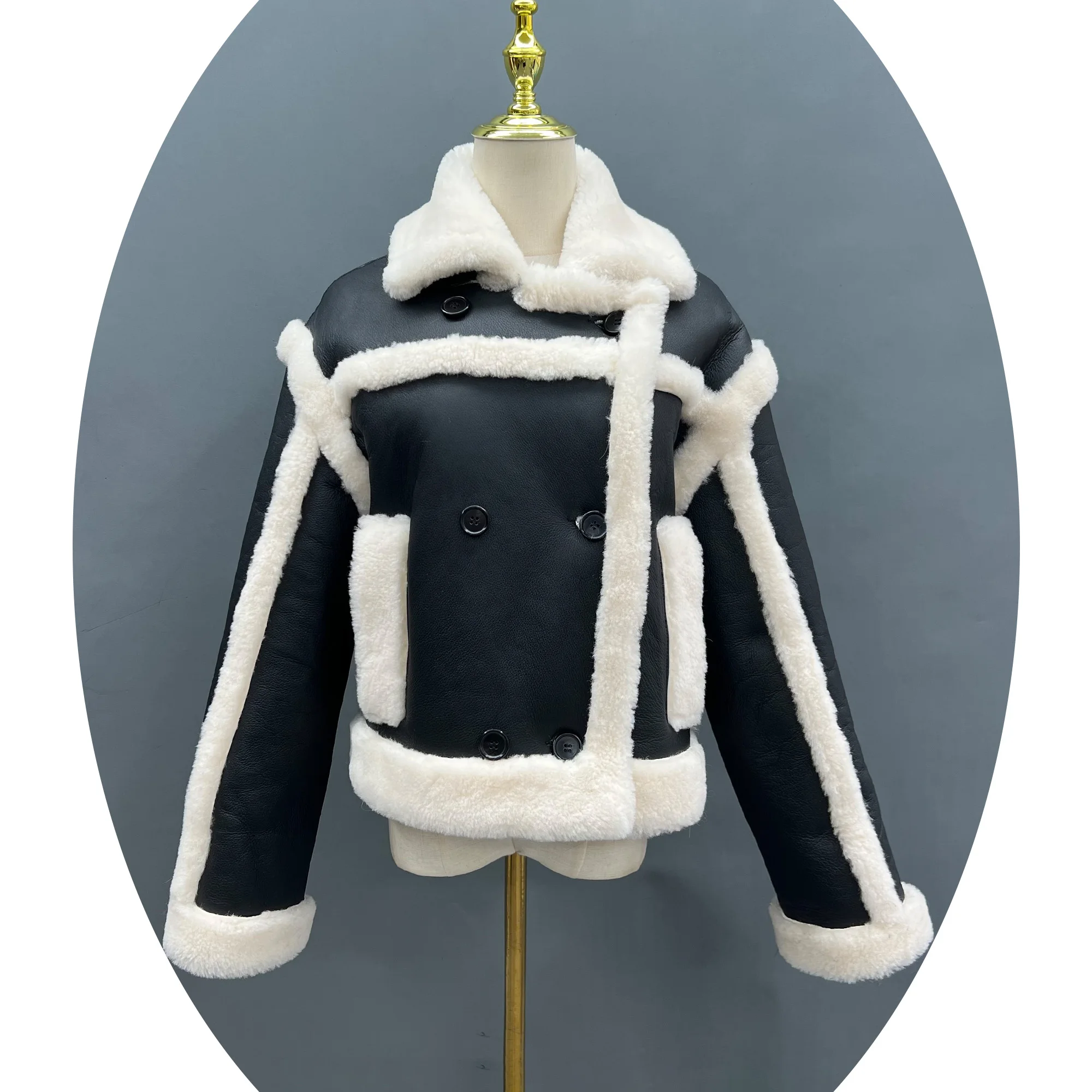 Janefur New Style Short Genuine Sheepskin Leather Jacket Fashion Winter Thick Women Cropped Shearling Coat