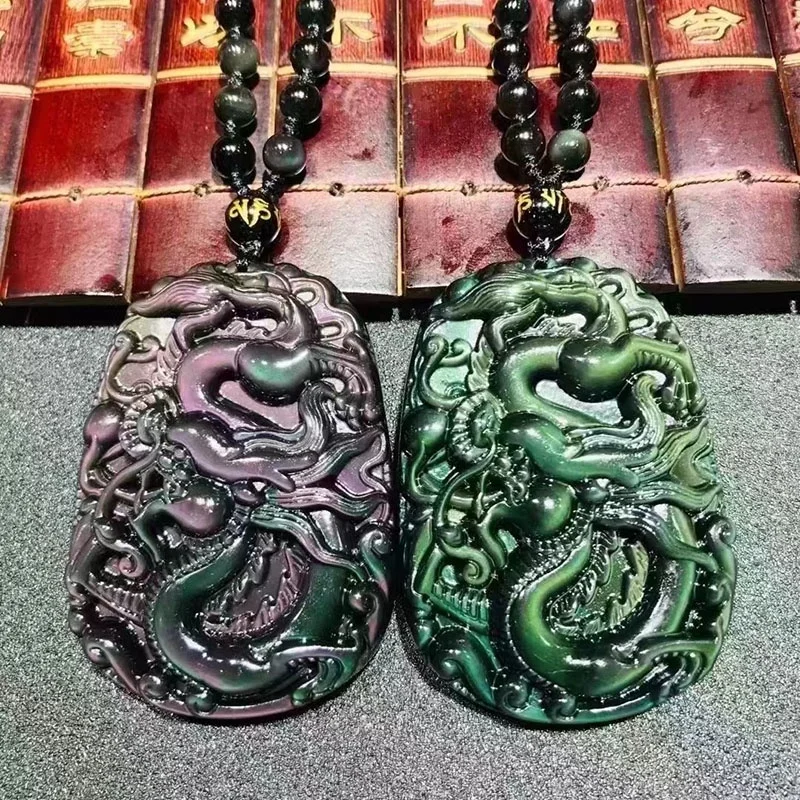 High Quality Natural Rainbow Obsidian Crystal Chinese Dragon for Pendant