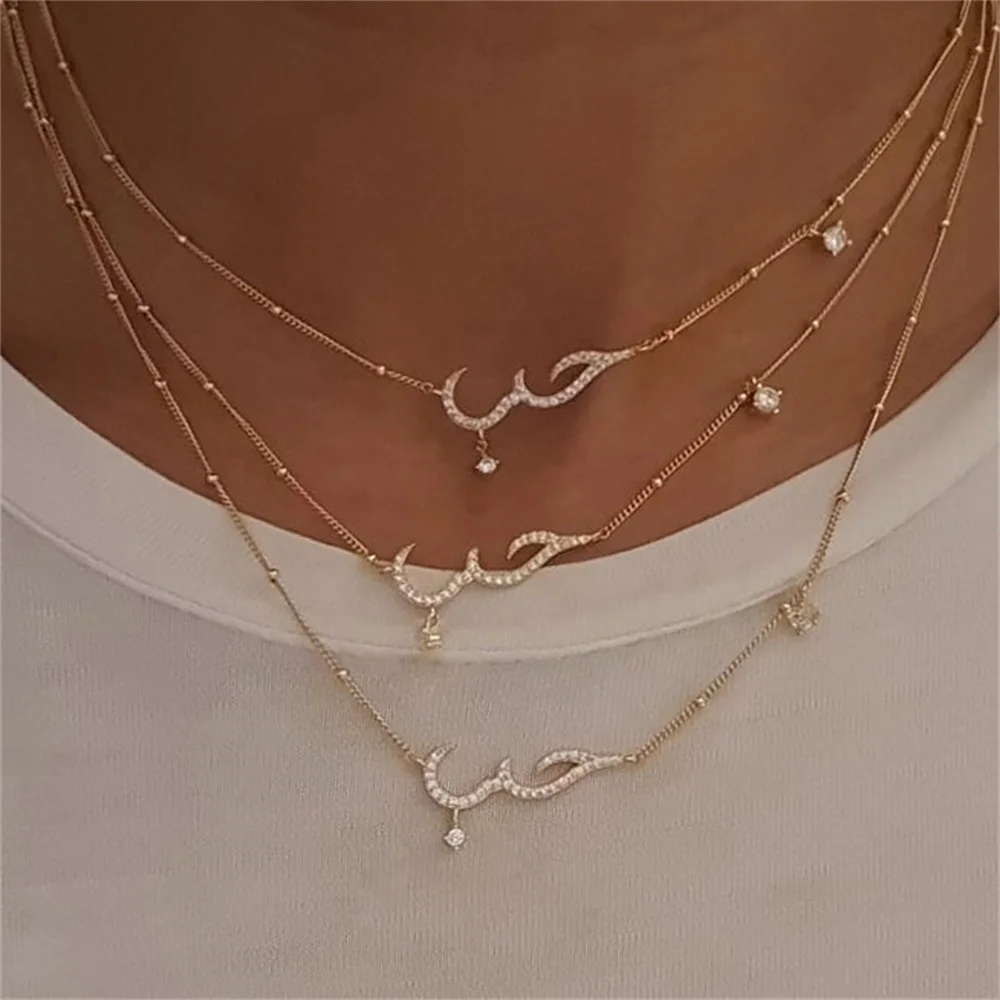 Ouj Custom Brass 14K 18K Gold Plated Cubic Zircon Jewelry Arabic Letter Love Name Necklace for Women 26x8mm with Chain 40+8cm