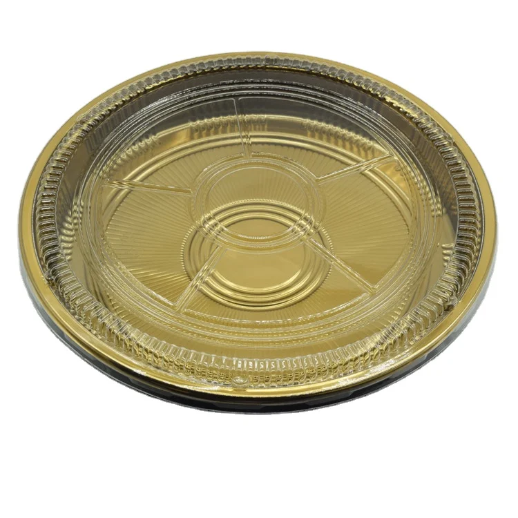 SM1-2108Golden Disposable Round Plastic Catering Packaging Platter Tray Serving Trays Blister Packaging Cake Box With Dome Lid