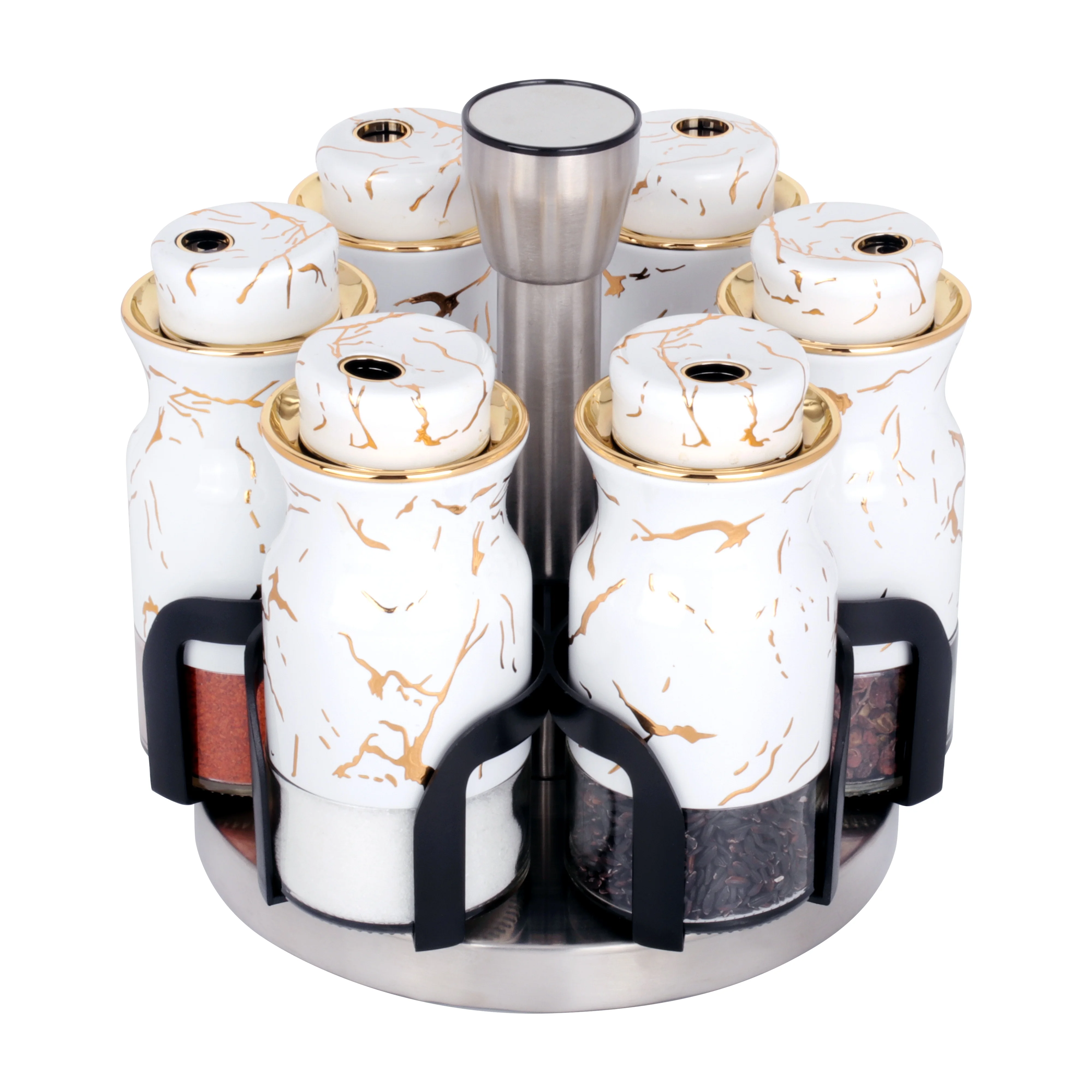 Revolving Spice Rack and Herb Carousel Set of 6 Pcs Storage Jar Sugar and Spices Condiments Canister Set