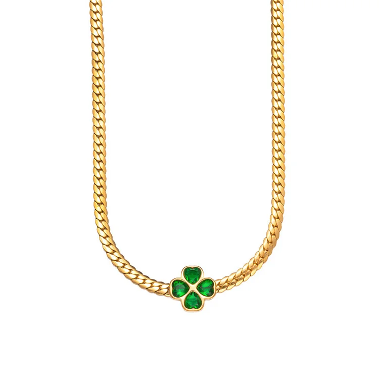 Women Clavicle Necklace Stainless Steel Emerald Zircon Four Leaf Clover Love Heart Bracelet Necklace Earrings Jewelry Set
