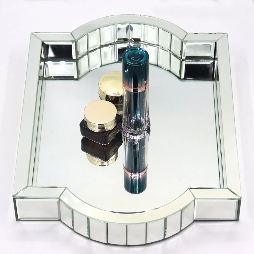 Silver Mirror Tray Bling Decorative Mirror Organizer Arc-Shaped Mosaic Mirror Handle Vanity Tray Coffee Table Serving