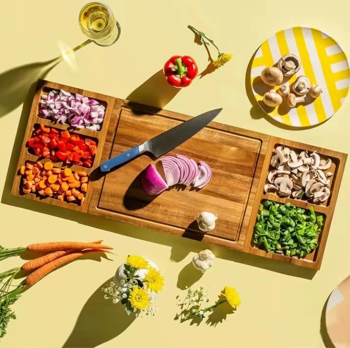 Acacia Wood Enlarged Cutting Board  Set With Magnetic Suction Splicing Cutting Board and Divided Tray, Vegetables and Cheese
