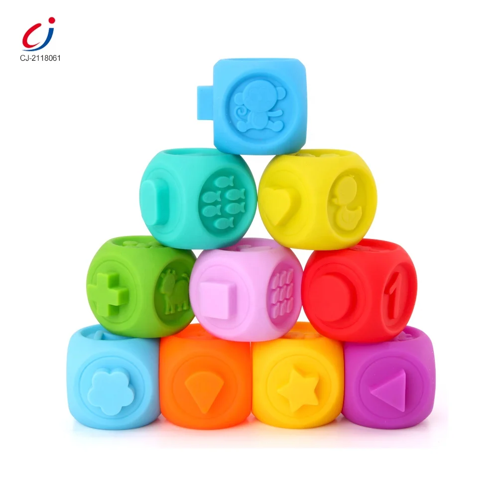 Infant emboss bath toy safe rubber teether educational creative silicone baby building soft blocks