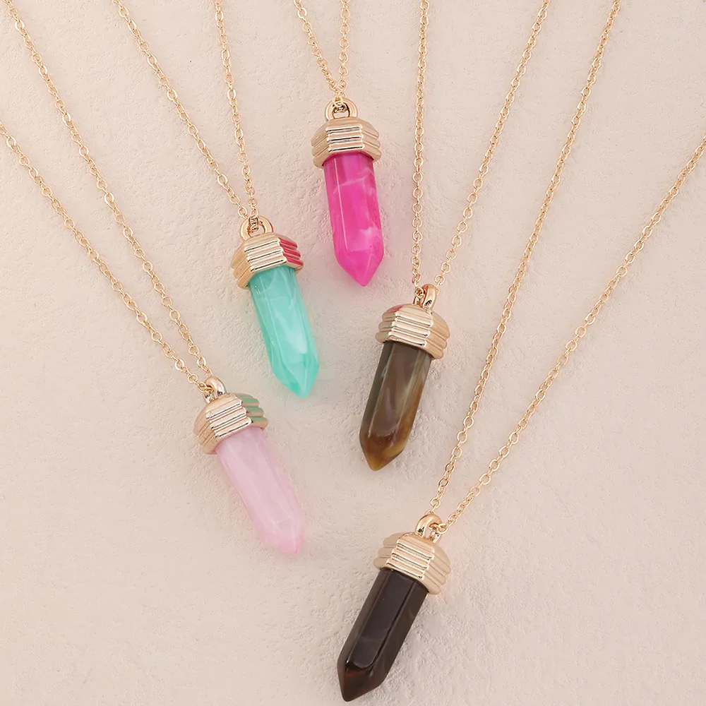 Zooying Simple Pendant Jewelry  Multi Color Jade Stone Hexagonal  Crystal Necklace Jewelry Set