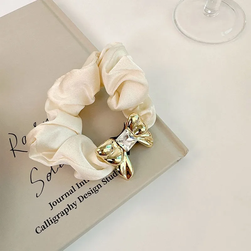Golden Rhinestone Bows Satin Fabric Hair Scrunchies Elastic Hair Bands For Women Girls Ponytail Holder Hair Ties