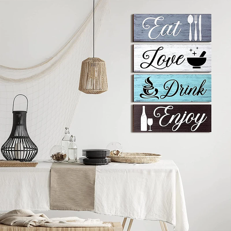4 Pieces Vintage Rustic Wall Mount Wooden Sign For Home Dining Living Room Restaurant