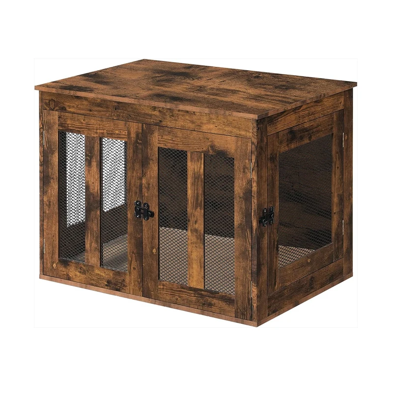 Dog Crate Furniture,  Heavy-Duty Dog Cage with Multi-Purpose Removable Tray, Double-Door Dog House, Rustic Brown