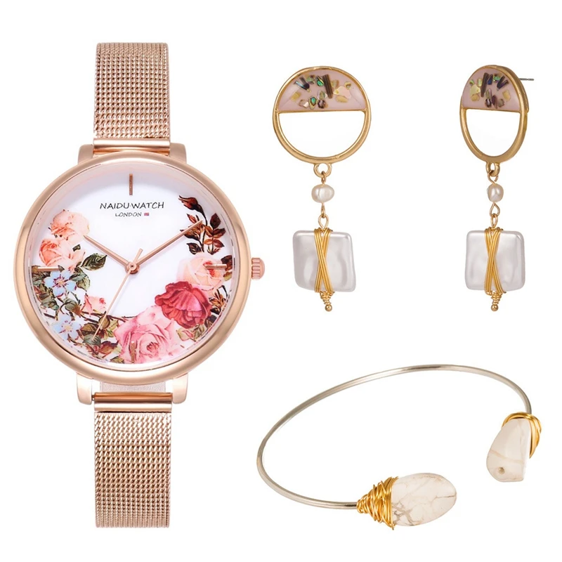 XSVO A06736 Fashion Women Watch Combination Set Trend Printing Mesh Strap Earrings Bracelet Jewelry Set 2022 Hot Sale Watch Set