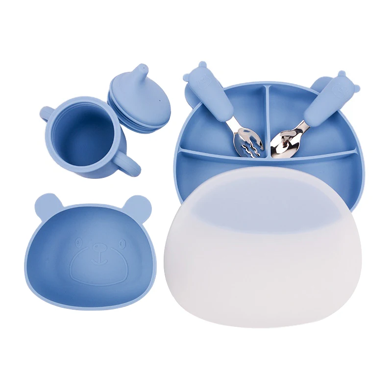 New baby printing bibs engraved logo bowl training cup with handles stainless steel cutlery set silicone baby bear plate set