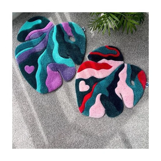 Custom Colorful Green Leaf Shaped Foot Mat Handmade Washable Carpet Fluffy Fur Area Rugs for Living Room