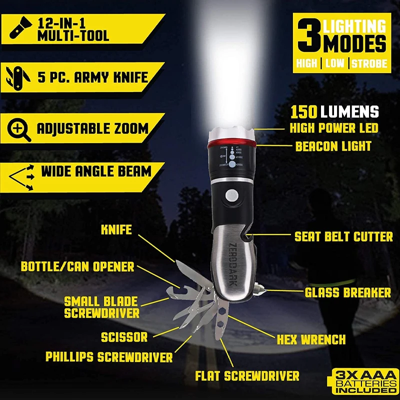 LED zoomable Stainless Steel 5 Piece Pocket Army Knife Tactical Multitool Flashlight With Seatbelt Cutter Window Glass Breaker