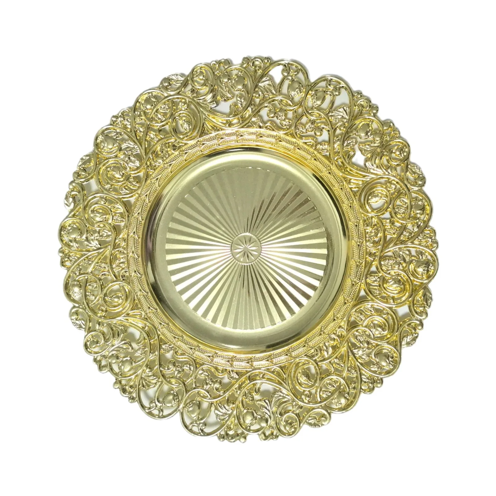 2024  New Design European 13 Inch Round Table Decoration Wedding Party Gold Silver Flower Pattern Plastic Charger Plate