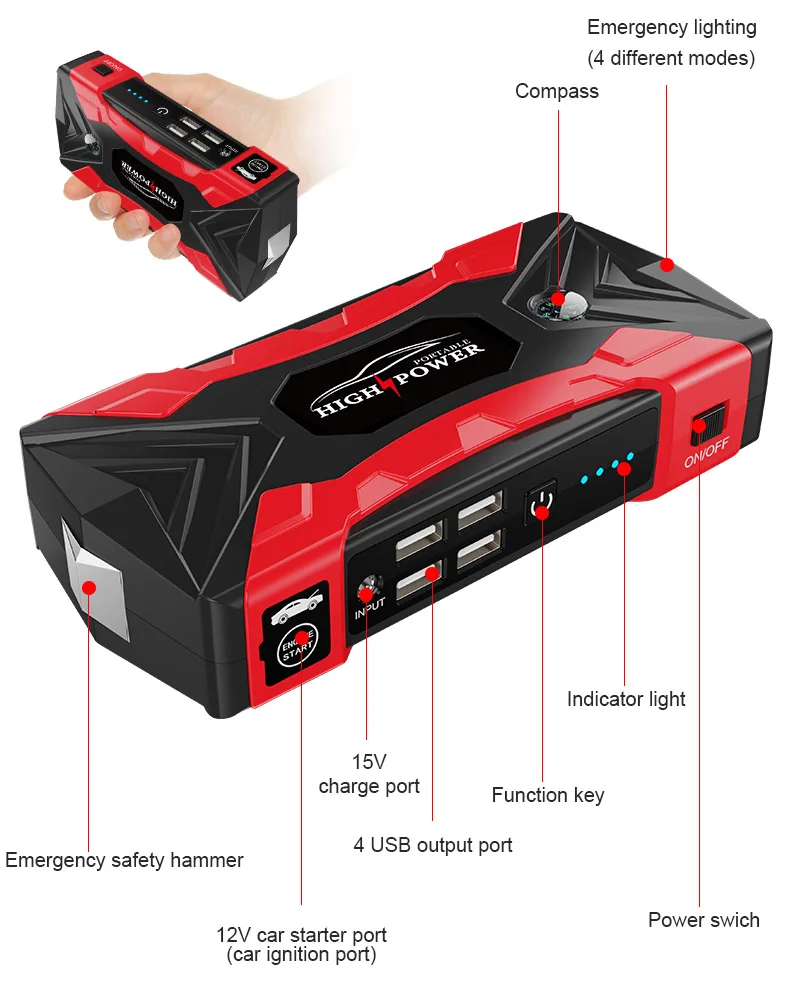 99800mAh 1000A Mini Car Jump Starter With 12V Lithium Battery Power Bank Jump Pack With Air Compressor Booster Charger For Car