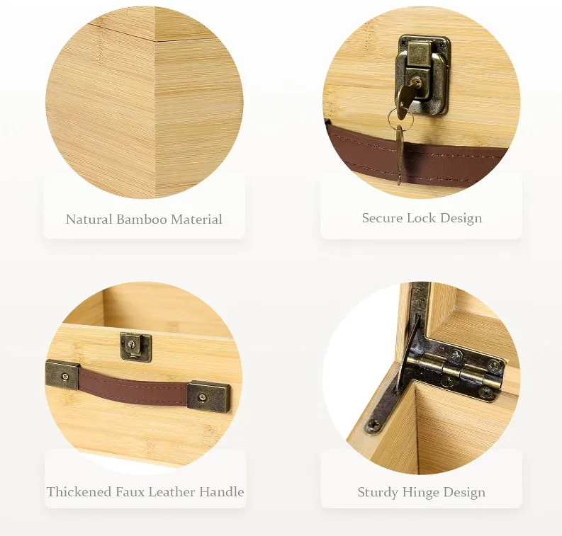 Large Portable Natural Wooden Storage Bins Basket Bamboo Wood Storage Box with Lock Keys Hinged Lid