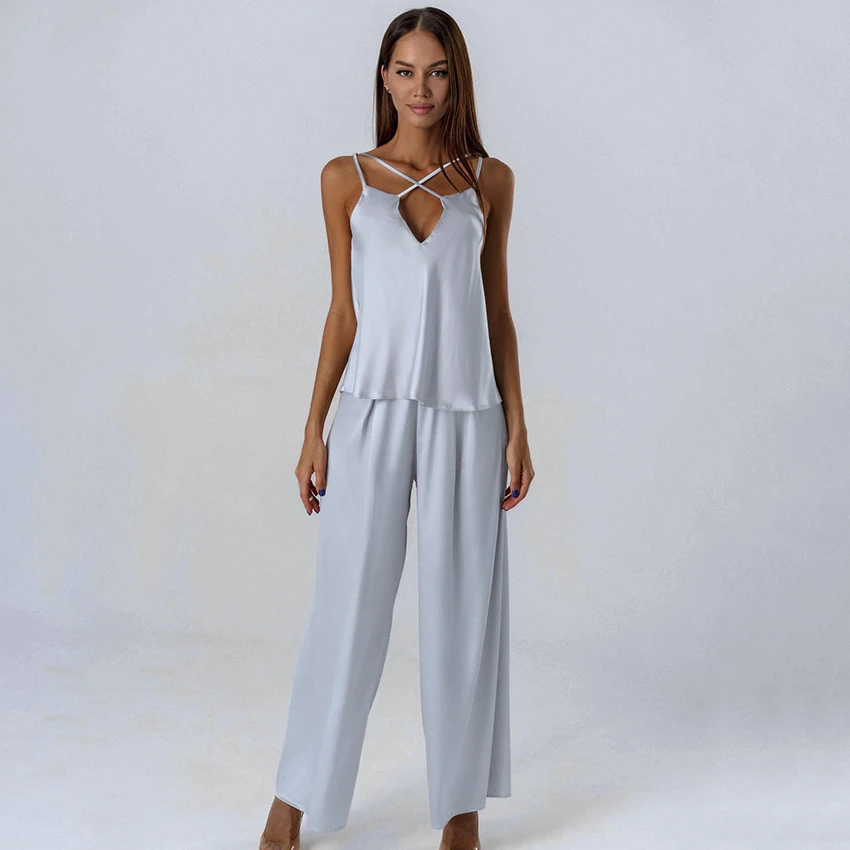 OOTN Loose Sleepwear Summer 2023 Spaghetti Strap V Neck Nightwear Female Casual Trouser Suits luxury pajamas for women set