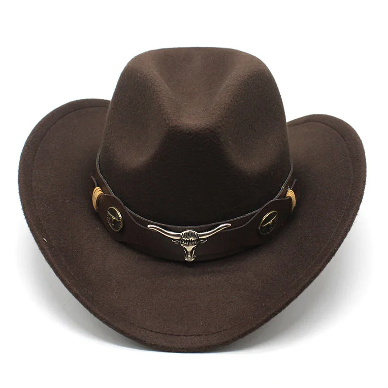 Western Cowboy Hat Ethnic Style Cow Logo Decoration Solid Color Roll Brim Retro Riding Hat Wool Felt Cowboy Hats For Men Women