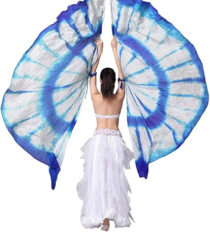 100% Silk Belly Dance ISIS Wings Scarf Veil Fan with Telescopic Stick for Halloween Carnival Performance