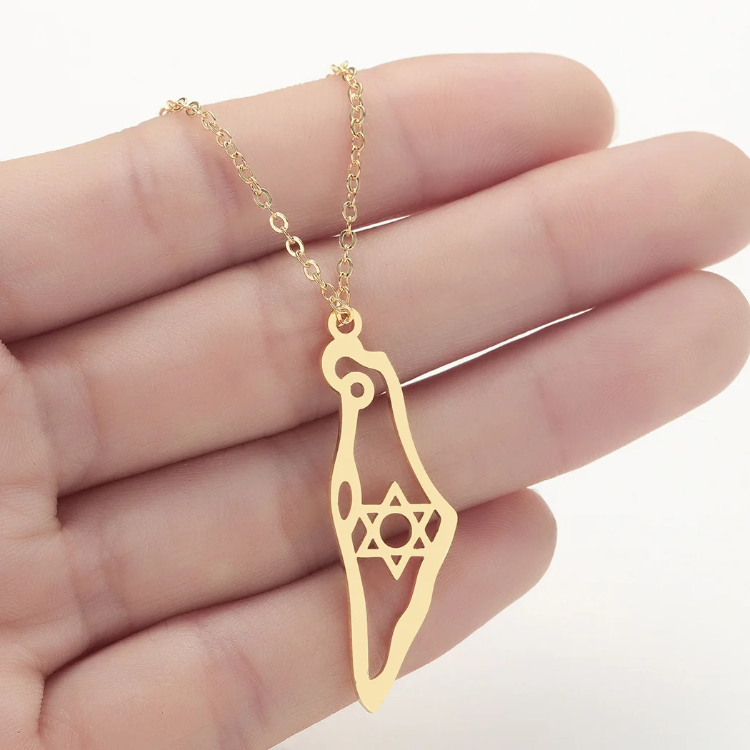 Stainless Steel Israel Map Pendant Necklace Hexagram Magen David Star of David Jewish Jewelry