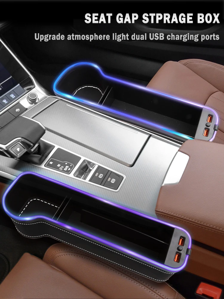 Relyus Universal Car Console Seat Storage Box Cup Holder 7 Colors Led Light Car Seat Gap Filler Organizer With Usb Fast Ch
