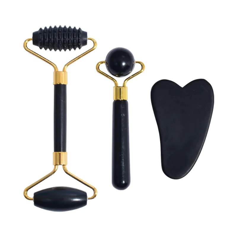 wholesale OEM brand black bian stone roller gua sha massage set