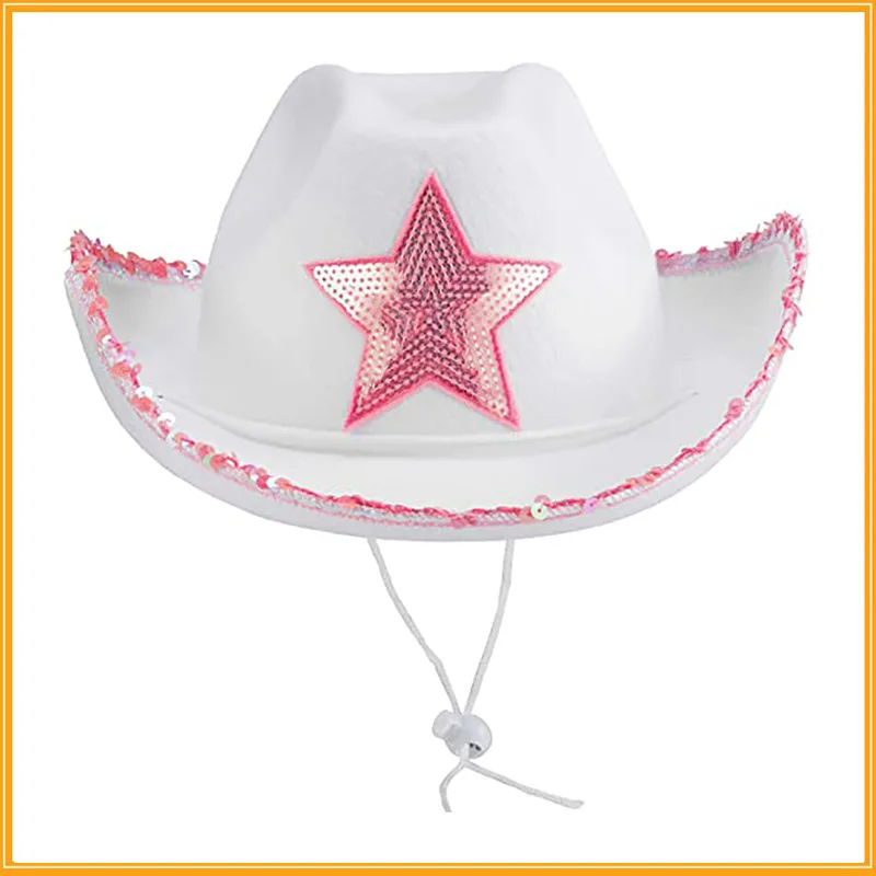 White Cowgirl Hat Felt Princess Hat With Pink Sequin Star For Dress-Up Parties and Play Costume