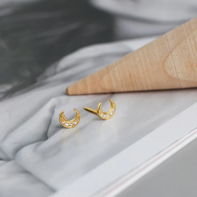 fashion 925 Sterling Silver Moon Earrings with White Zirconia Gold Plated Moon Shape Stud Earrings For Women Screw Back Earring