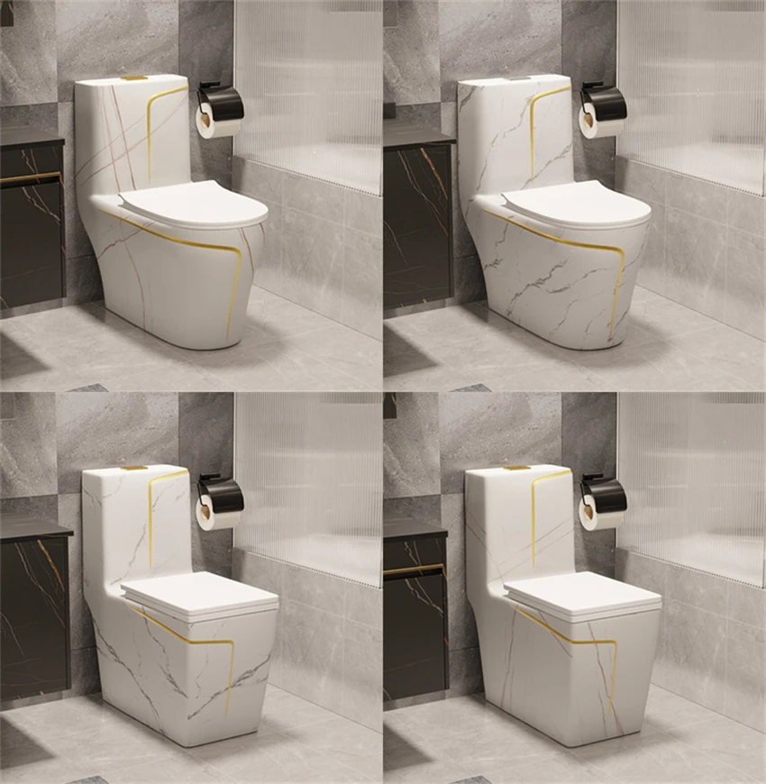 Bathfriend Luxury Marble Toilet Dual Flush S-Trap P-Trap Two Type White Toilet with Golden Line Decor