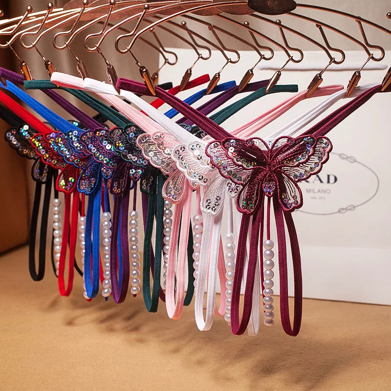 Factory Sales Pearl Panties Open Crotch Butterfly Panties Sexy G-String Women Transparent Thong 2024 Bragas Entrepierna  Abierta