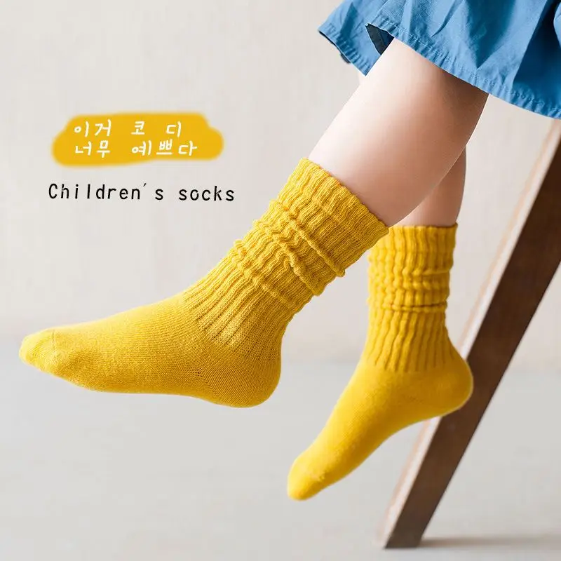 Spring and Summer Girls Cotton Black Slouch Socks for Kids Mid-tube Double Needle Child Toddler Scrunch Socks