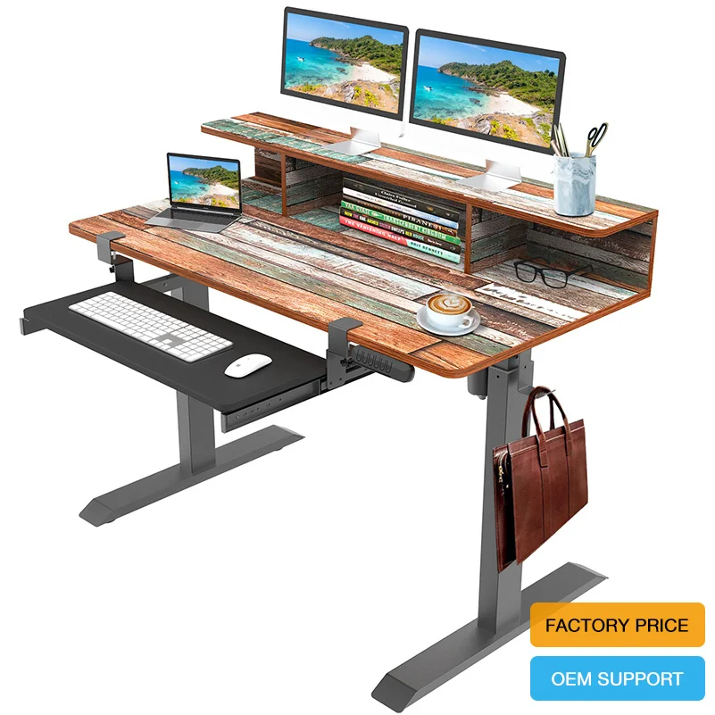 High quality adjustable height Cheap Electric Standing Sit Stand Gaming Desk With bookshelf and keyboard holder