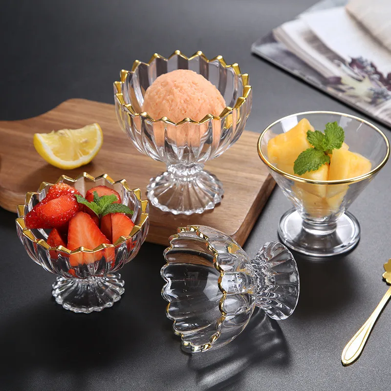 Glass salad bowl with gold rim ice cream salad fruit glass bowl cup factory wholesales price