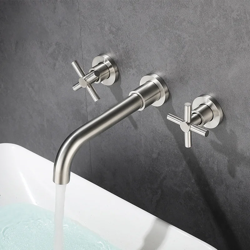 bathroom 304 stainless steel in wall mounted double handle basin faucet tap
