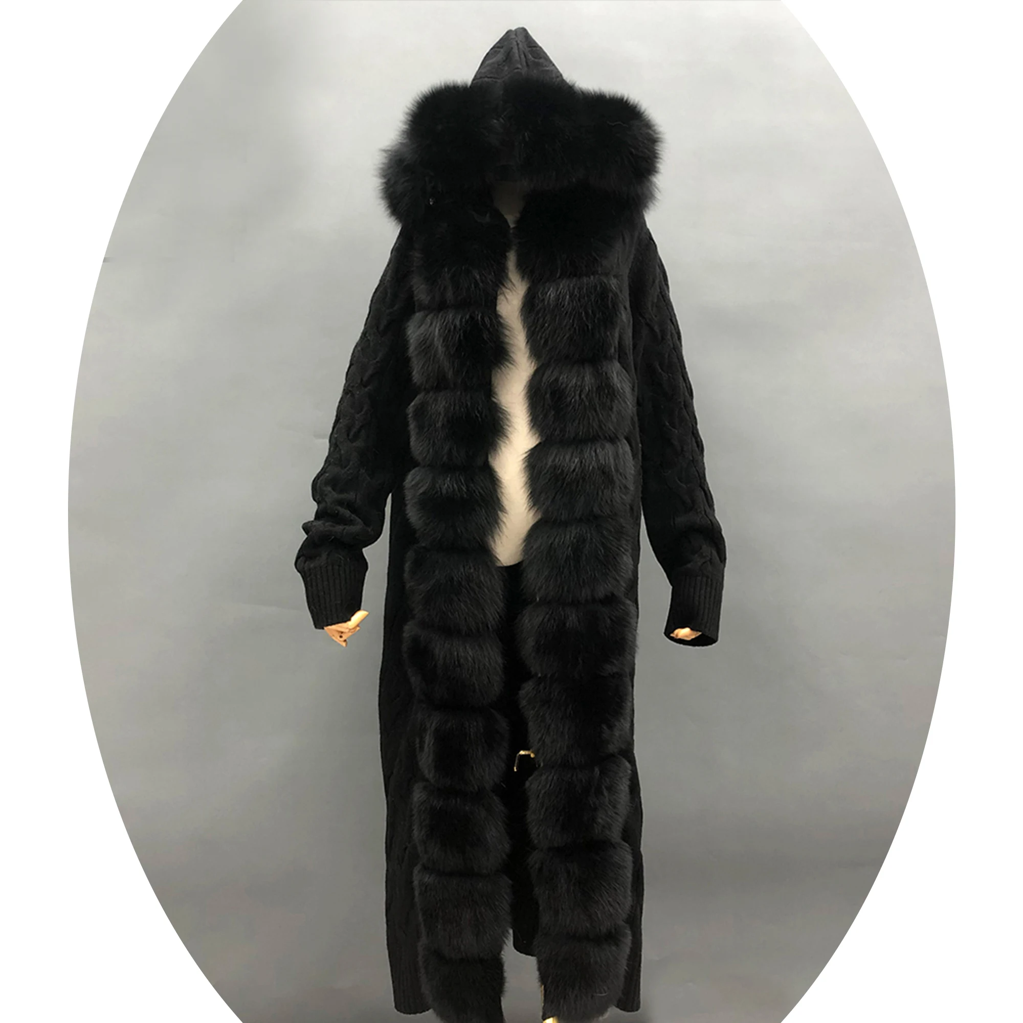 Long Ankle Length Women Knitted Cashmere Cardigan With Real Fox Fur Collar