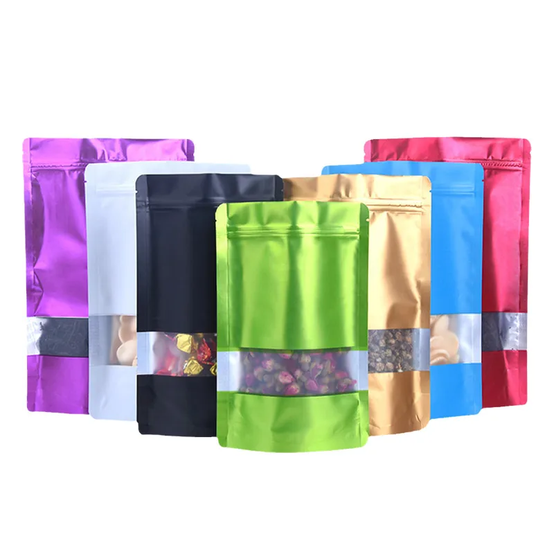 
In Stock Multicolor Colored Zipper Food Window Plastic Printing Package Aluminum Foil Stand Up Zip Lock Pouch Bag 