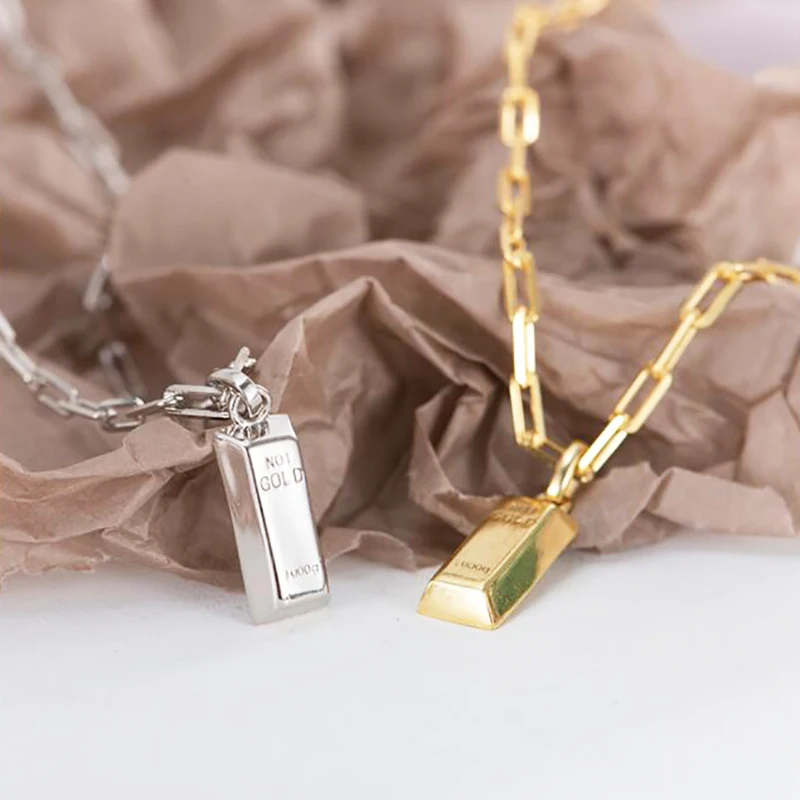 18k Gold Plated S925 Sterling Silver Thick Link Chain Gold Brick Pendant Necklace Women Gift Jewelry Necklaces