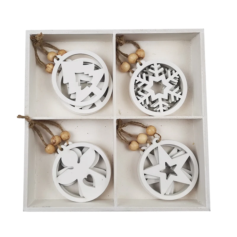 Xmas ornament wooden dangling cutout star snowflake angel tree with wooden box