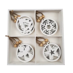 Xmas ornament wooden dangling cutout star snowflake angel tree with wooden box