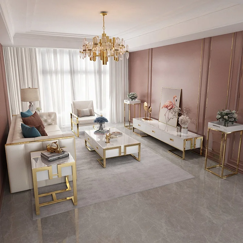 Modern TV cabinet light luxury rectangular stainless steel glass top TV stand and coffee table