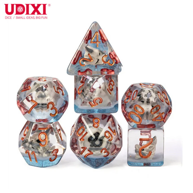 Udixi Custom dnd Resin 7PCS Polyhedral Dice Grey Dragon Head Dice Sets Board Game Dice