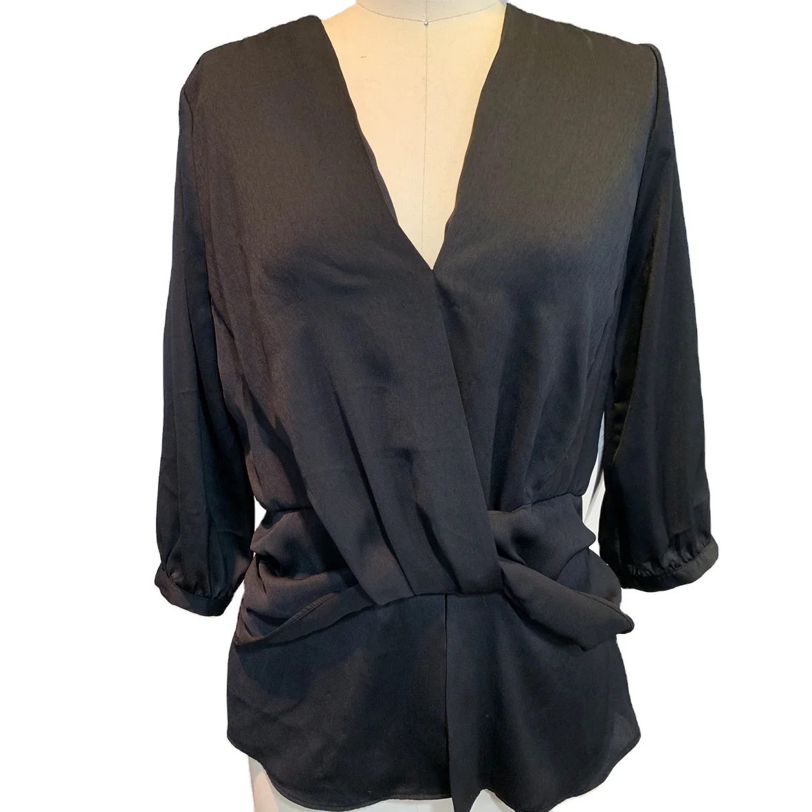 Ruffled women clothing wrap black shirt elegant satin waist belt blouse