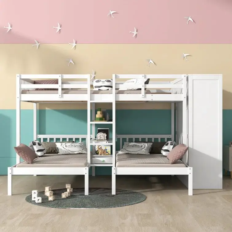 Modern Twin over Twin Full Bunk Bed with 3 Drawers Shelves Pine Wood Panel for Kids for School Hotel Hospital Outdoor Use