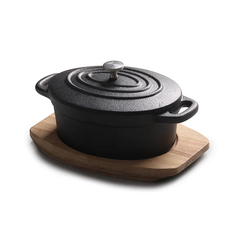 14cm Oval Mini Cooking Pot with Wooden Base Kitchen Cookware Cast Iron Casserole