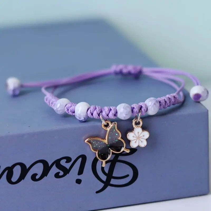 Couple Friendship Resin Butterfly Bracelets Bohemian Ceramic Beaded Enamel Flower Charm Handmade Braid Rope Girl Cute Bracelet