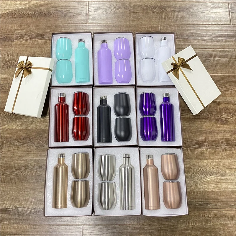 luxury insulated stainless steel wine tumbler chiller gift set with lid straw birthday 2*12oz tumbler 17oz wine bottle gift box