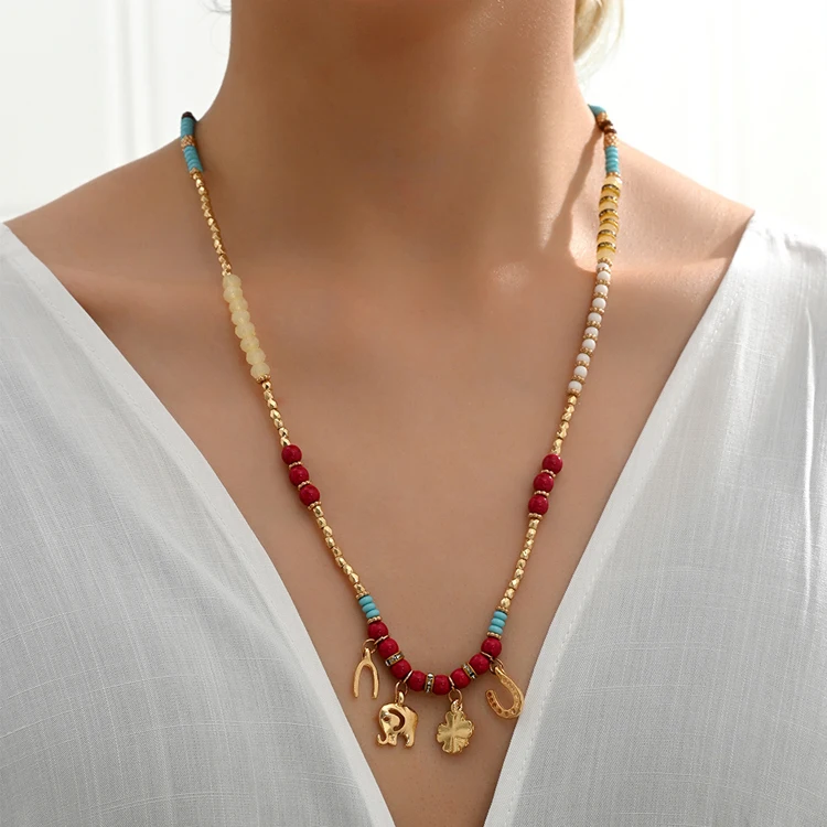 Bohemian style animal elephant four-leaf clover flower necklace holiday style long colored rice beads necklace for women