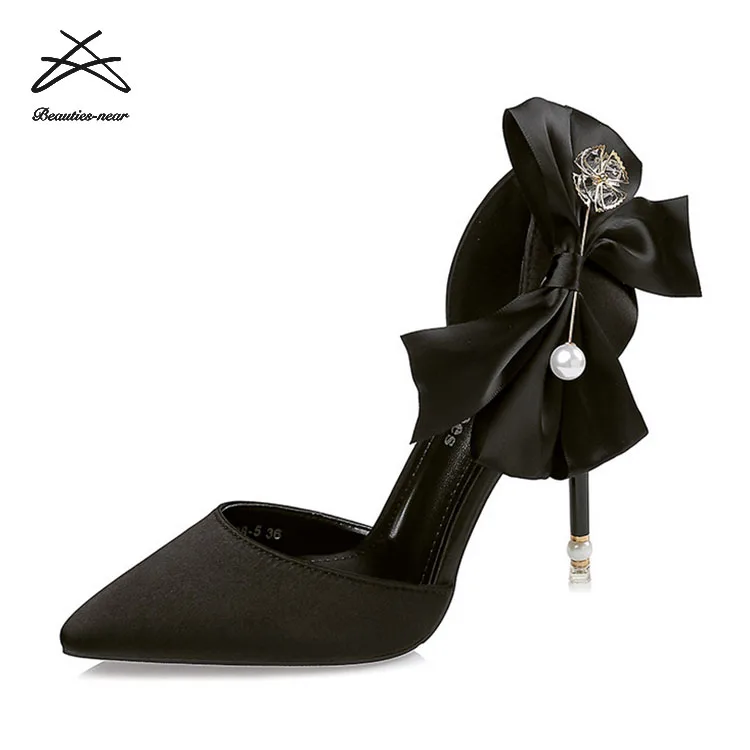 RTS Luxury fashion women party wedding bride dress shoes butterfly knot pearl satin thin heel lady woman heel shoes