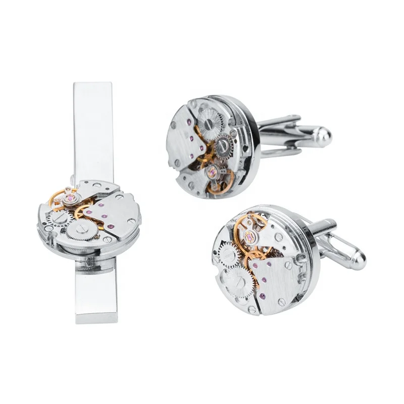 SAVOYSHI Punk Watch Movement Mens Cufflinks Tie Clip Sets High Quality Necktie Pin Tie Bars Clip Clasp Free Carving Name