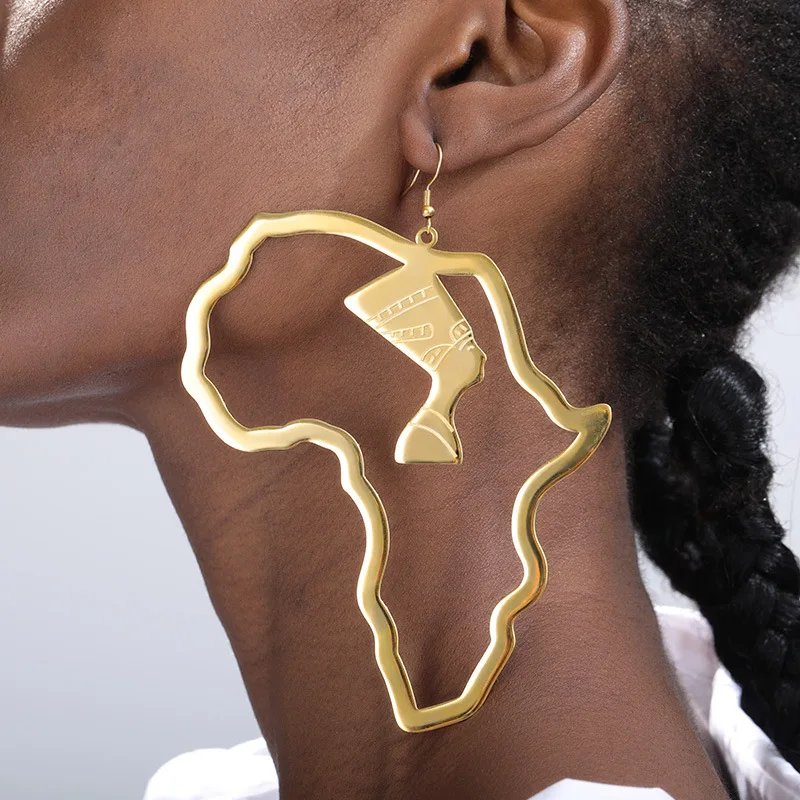 Gold Color Stainless Steel Egyptian Queen Earring Exaggerate Larger Big African Map Earrings Women Jewelry Africa Ethnic Gift